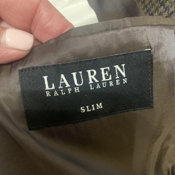 Lauren Ralph Lauren Blazer Mens 44 Slim Brown Blue Houndstooth Wool Lined - Picture 4 of 7